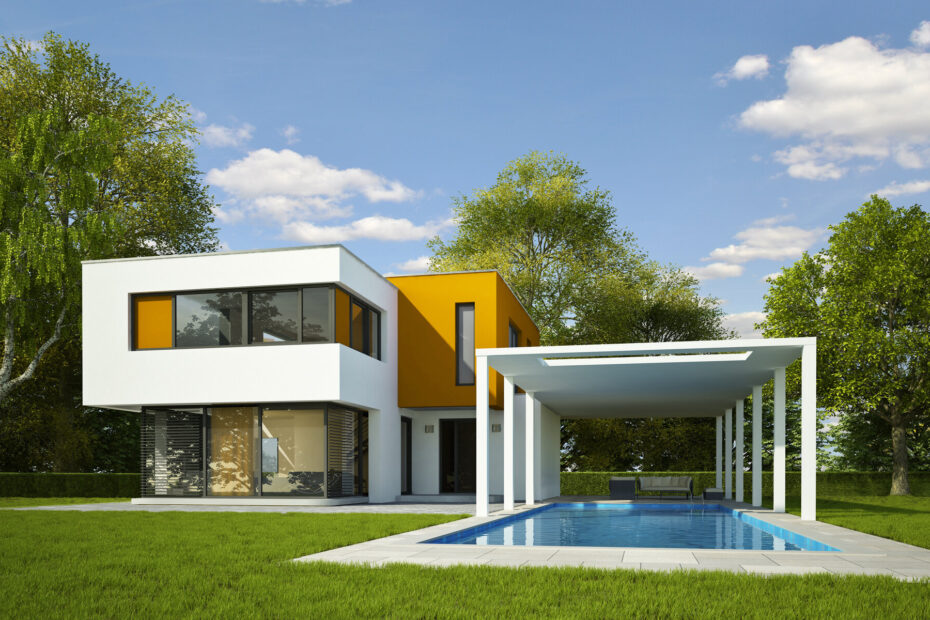 Modernes Haus mit angrenzendem überdachten Pool