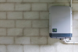Solarwechselrichter an einer Backsteinwand in der Garage montiert, Hausanlage