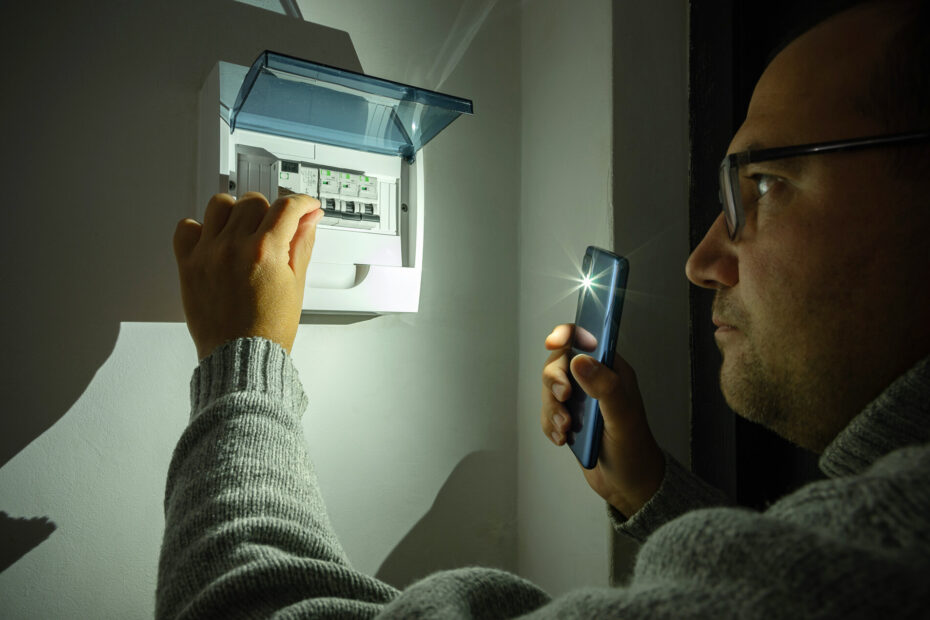 Mann schaltet die rausgeflogenen Sicherungen nach einem Stromausfall zu Hause wieder ein.