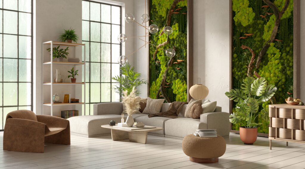 Moderne Wohnzimmereinrichtung mit skandinavischem Moos an der Wand, 3D-Darstellung