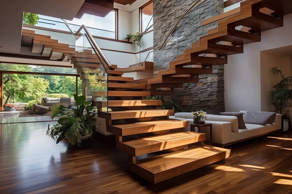 eine Designer-Holztreppe in einer Luxusvilla. Generative KI
