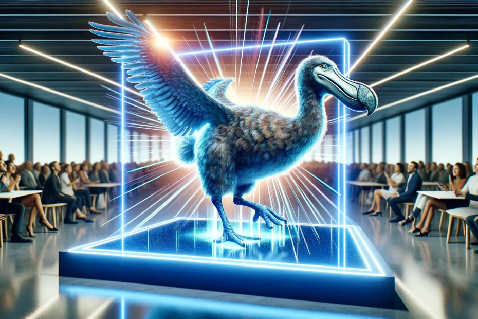 Ein lebensechtes 3D Hologramm eines Dodo-Vogels, der aus einem Bildschirm in einer modernen Umgebung heraustritt, umgeben von Lichtstrahlen und holographischen Effekten, mit staunenden Zuschauern im Hintergrund