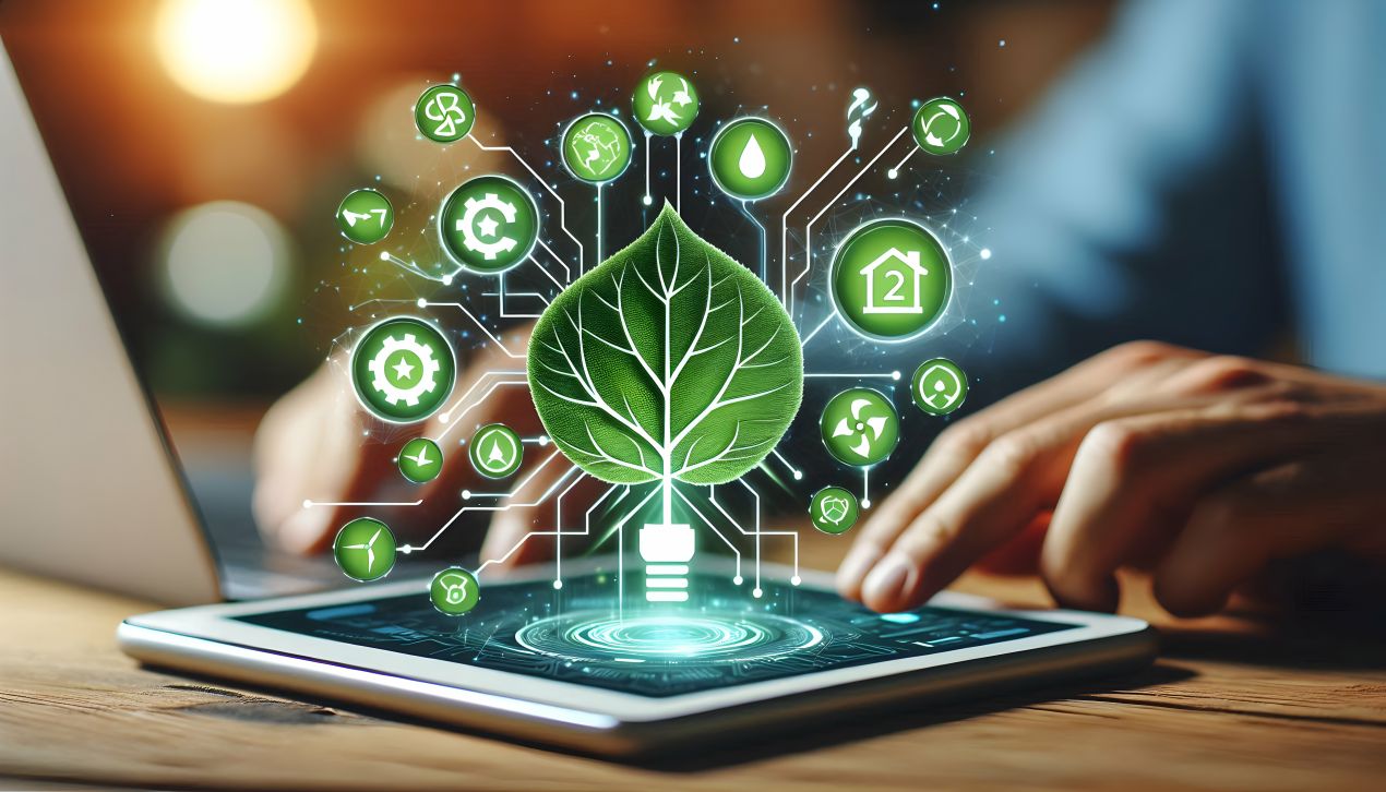 Symbolisches Blatt auf einem Tablet, umgeben von Nachhaltigkeitssymbolen, als Darstellung moderner Lösungen wie Trockentoilette und energieeffizienter Technologien.