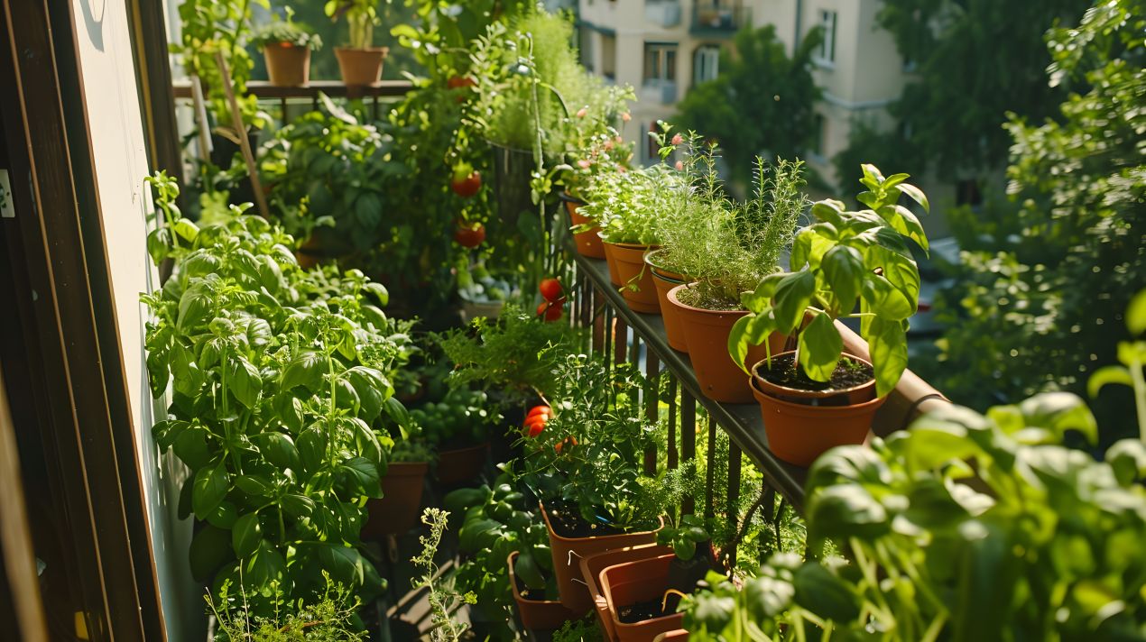 Üppiger Balkongarten mit Kräutern und Tomaten – Beispiele für vertikale Bepflanzung und kleine Hochbeete im städtischen Raum