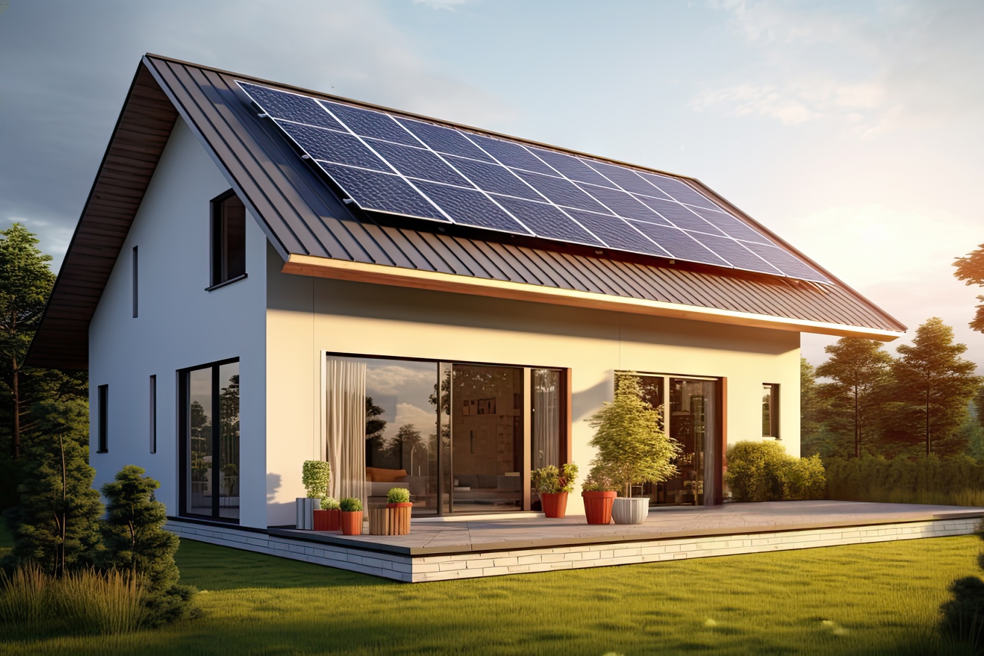 Haus mit Solaranlage bei Sonnenuntergang | PV Großhandel