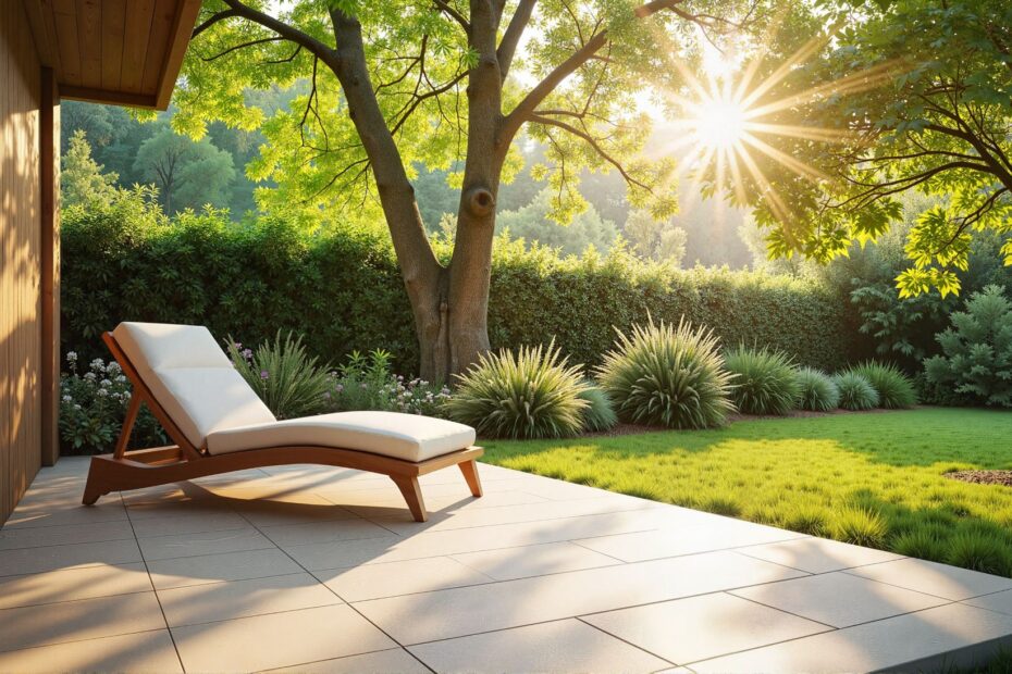 Terrasse mit Holzliege im grünen Garten bei Sonnenuntergang, einladend und gemütlich