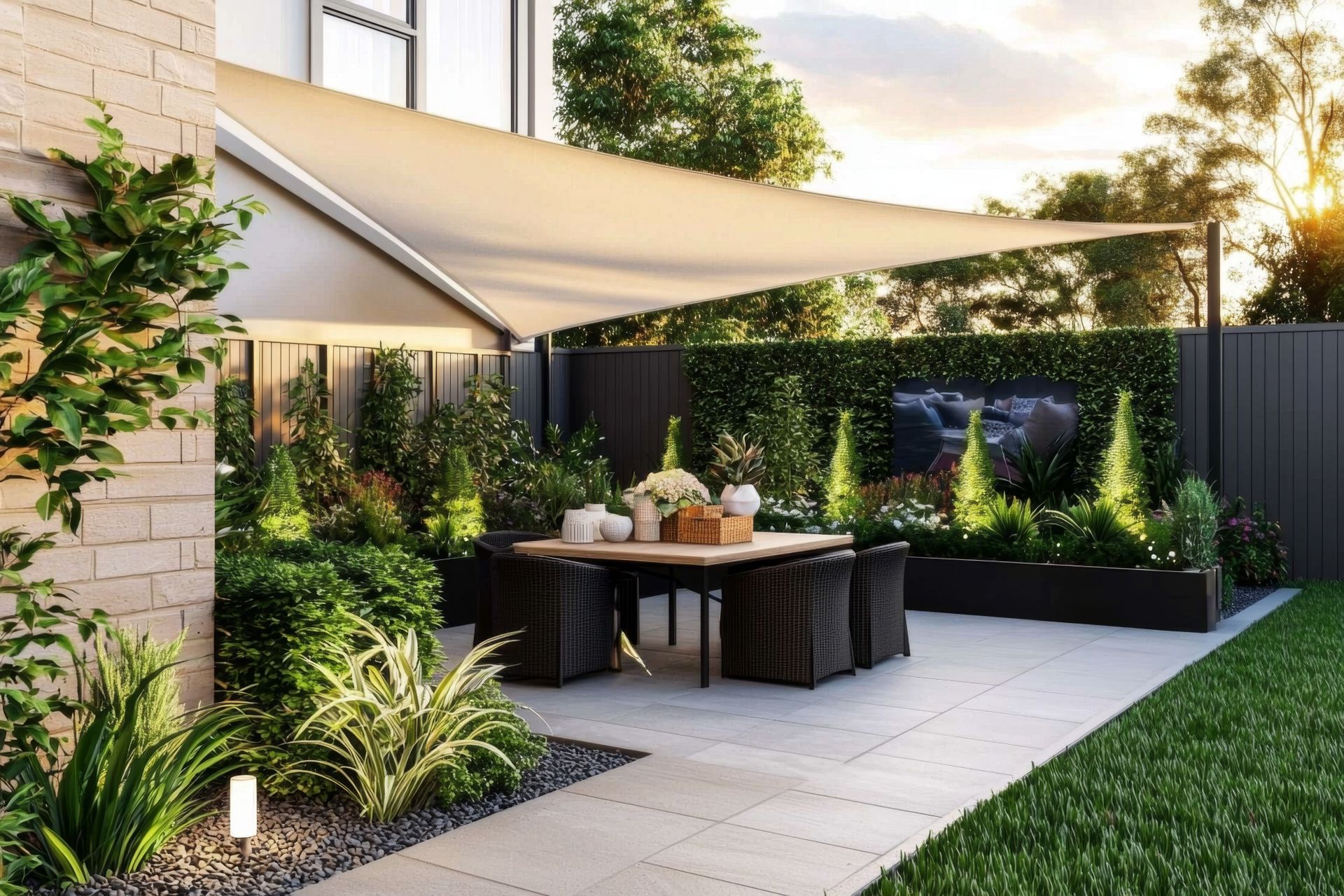 Garten mit überdachter Terrasse und modernem Sonnenschutz über Essbereich