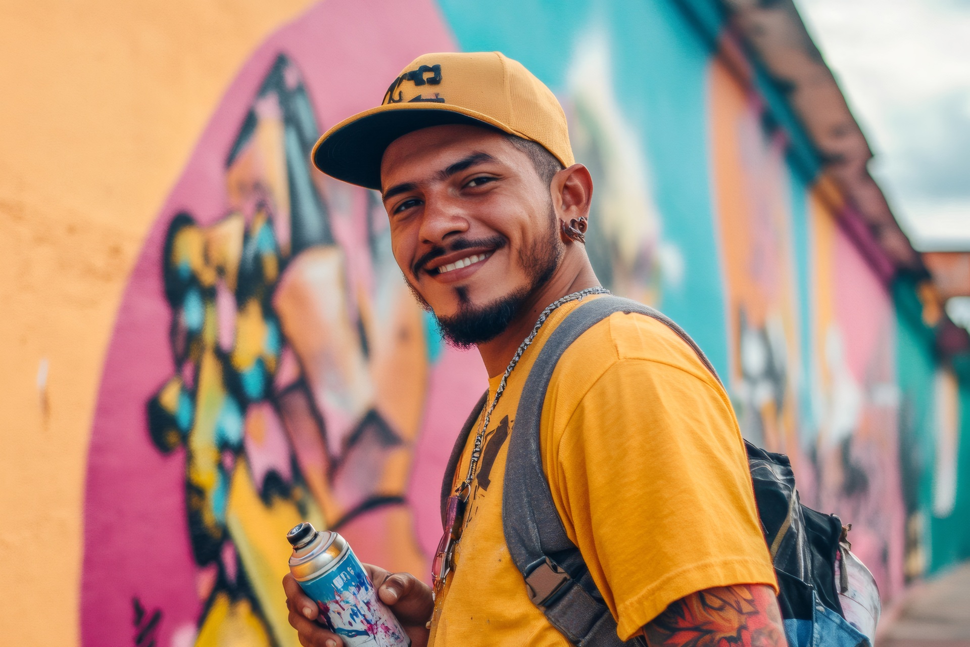 Künstler mit Spraydose vor Wandbild | professionelle Graffiti Künstler