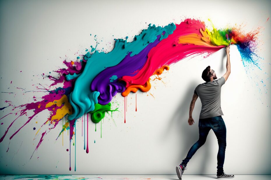 Mann malt farbenfrohe abstrakte Wandgestaltung | Polsterwand