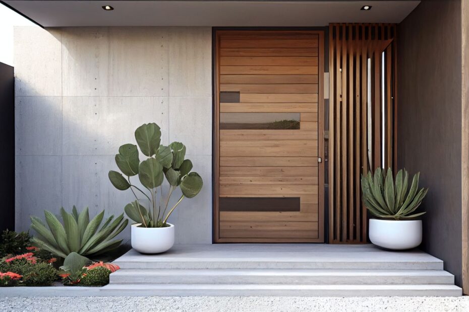 Moderne Holztuer mit klarer Linienfuehrung und Pflanzen vor dem Haus, inspiriert von Haustueren Wuppertal